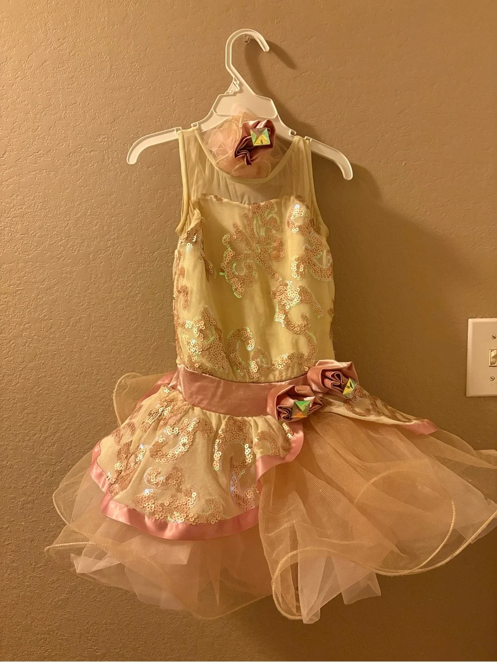 Girls Beige Pink Sequined Tulle Dance Costume